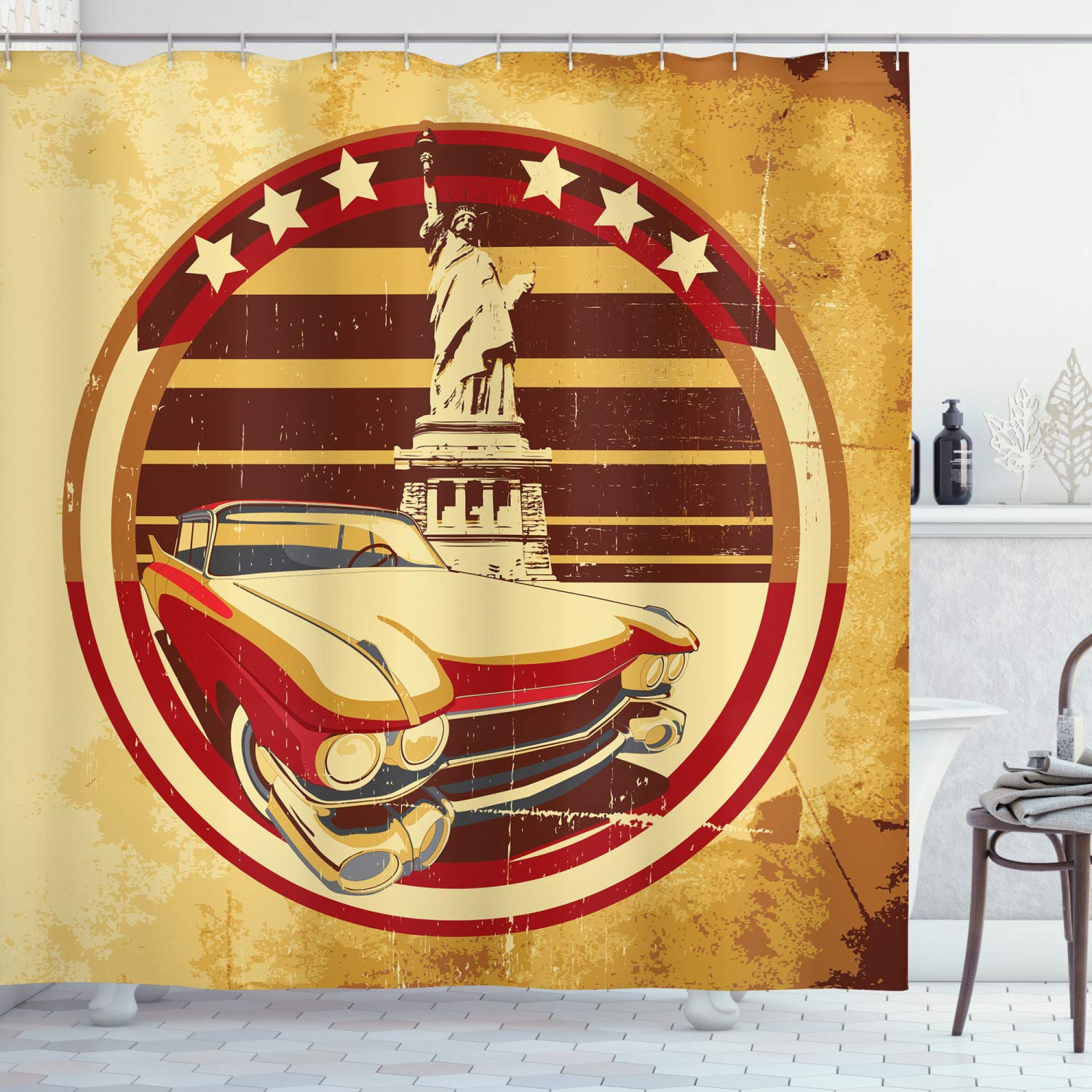 ABAKUHAUS Vintage Car Shower Curtain, Vintage Car Image American of Liberty on Old Paper Print, Cloth Fabric Bathroom Decor Set with Hooks, 78 Inches, Yellow Red Brown — image 1