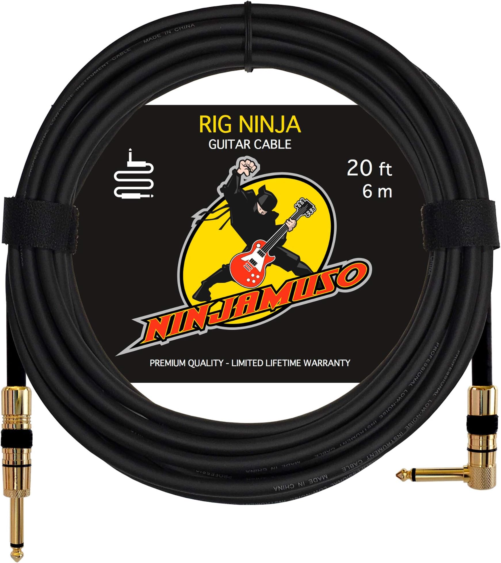 Rig Ninja 1/4 Guitar Cable by NinjaMuso - 20ft Black Right Angle - Low Noise Electric and Acoustic Guitar and Bass Patch Cords - 20 Feet Amp Cord for Musical Instrument to Amplifier