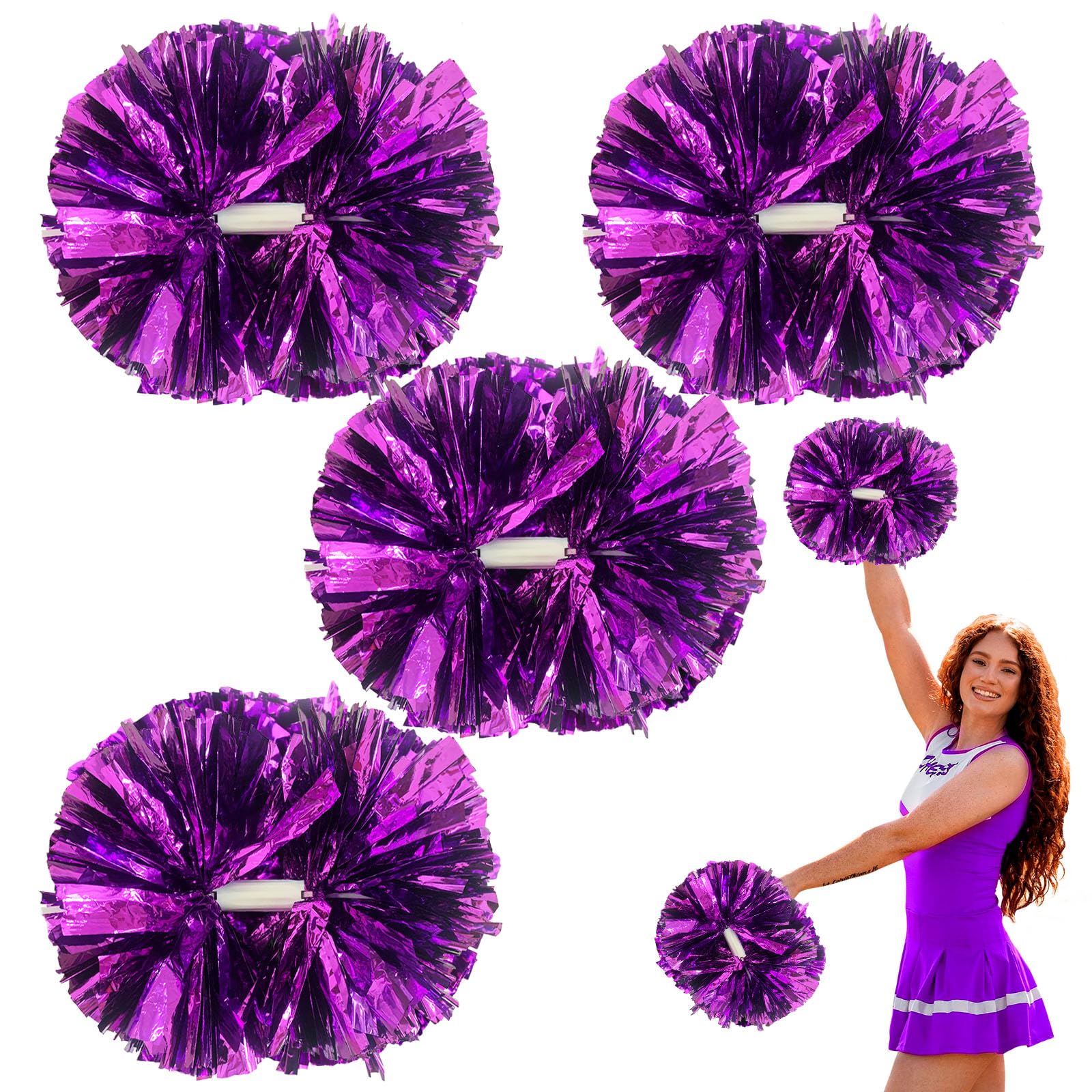 Photo 1 of 4 Pcs Metallic Cheerleading Pom Poms, 12Inch Cheerleader Pompoms with Baton Handle for Kids Adults School Team Sports Games Dance Cheering (Purple)