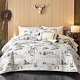 Wake In Cloud - Western Quilt Set, Rustic Ranch Life with Cowboy Southwestern Vintage Country Pattern Printed, Reversible Lightweight Bedspread Coverlet, 3 Pieces, Beige Brown, Queen/Full Size