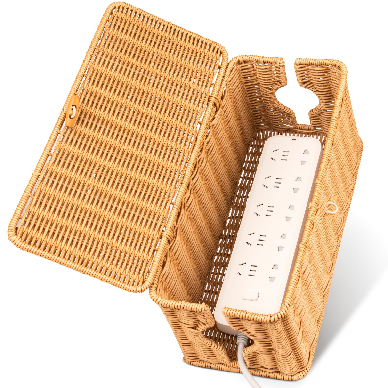 Photo 1 of UOMTFAI Cable Organzier Box, Handwoven Imitation Rattan Power Strip Cover Cable Management Box, 2 Open Slots Cord Organizer Cord Storage Basket for Computer Router USB Hub and Power Strip