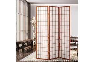 SFIHOME Japanese Shoji Room Divider, 3-Panel Wooden Foldable Freestanding Privacy Screen for Home Office, Gird Style, Walnut