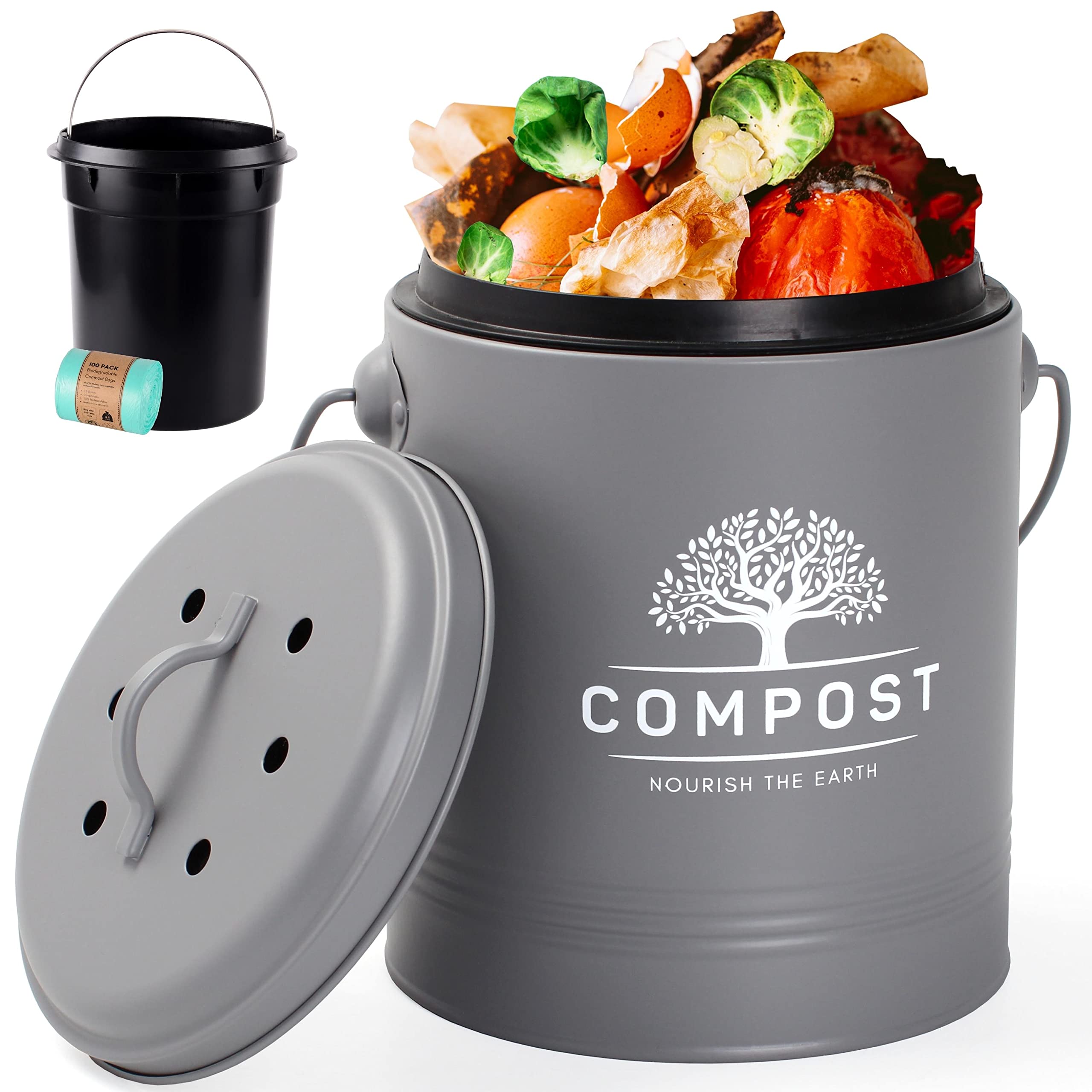 Photo 1 of Perfnique Kitchen Compost Bin, 1.3 Gallon Countertop Compost Bin with Lid, Indoor Compost Bucket Includes Inner Bucket Liner and Carbon Filter, Small Compost Bin with Trash Bags (with Bags, Grey)