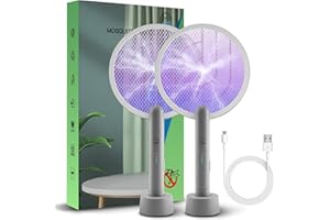 Electric Fly Swatter Racket, Mosiller 4000V 2 in 1 Bug Zapper with USB Rechargeable Base, Powerful Mosquitoes Trap Lamp & Fly Killer with 3-Layer Safety Mesh for Home, Bedroom, Kitchen, Patio (2 Pack)