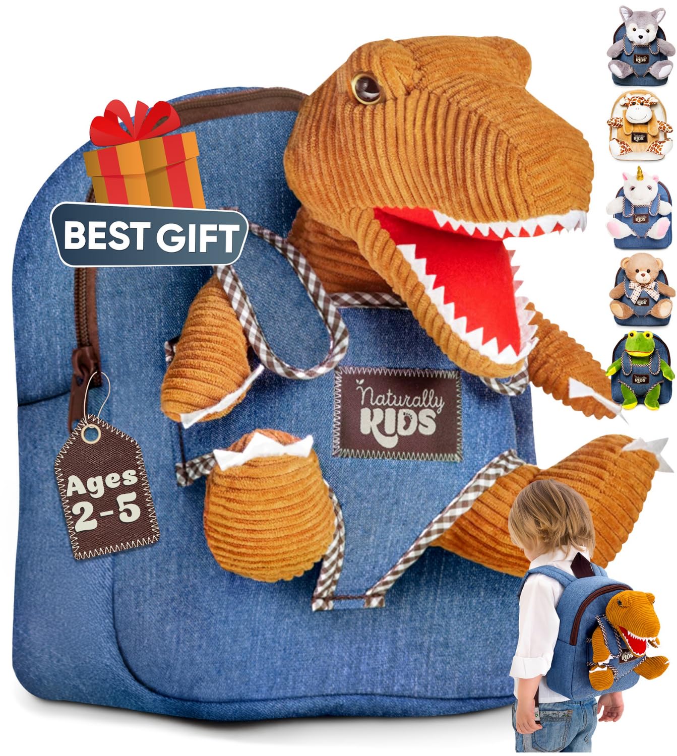 Naturally KIDS Toddler Backpack w Dinosaur Toys for Kids 2-4, 2 Year Old Boy Birthday Gift, 3 Year Old Boy Gift Girl, Toddler Dinosaur Toy