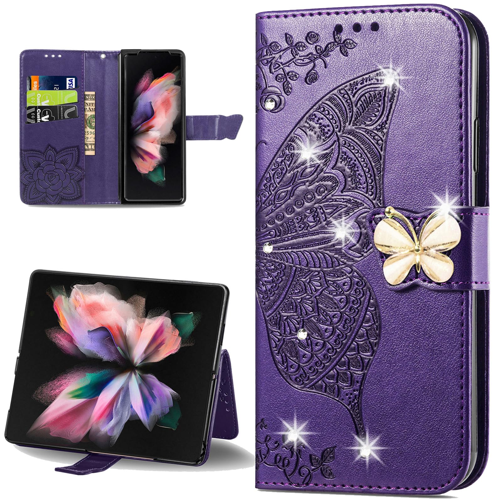 Photo 1 of CCSmall for Samsung Galaxy Z Fold 5 Wallet Case for Women Girls, Shiny Butterfly Flower PU Leather Cover with Card Slot Holder Flip Phone Case for Samsung Z Fold 5 Rhinestone Deep Purple