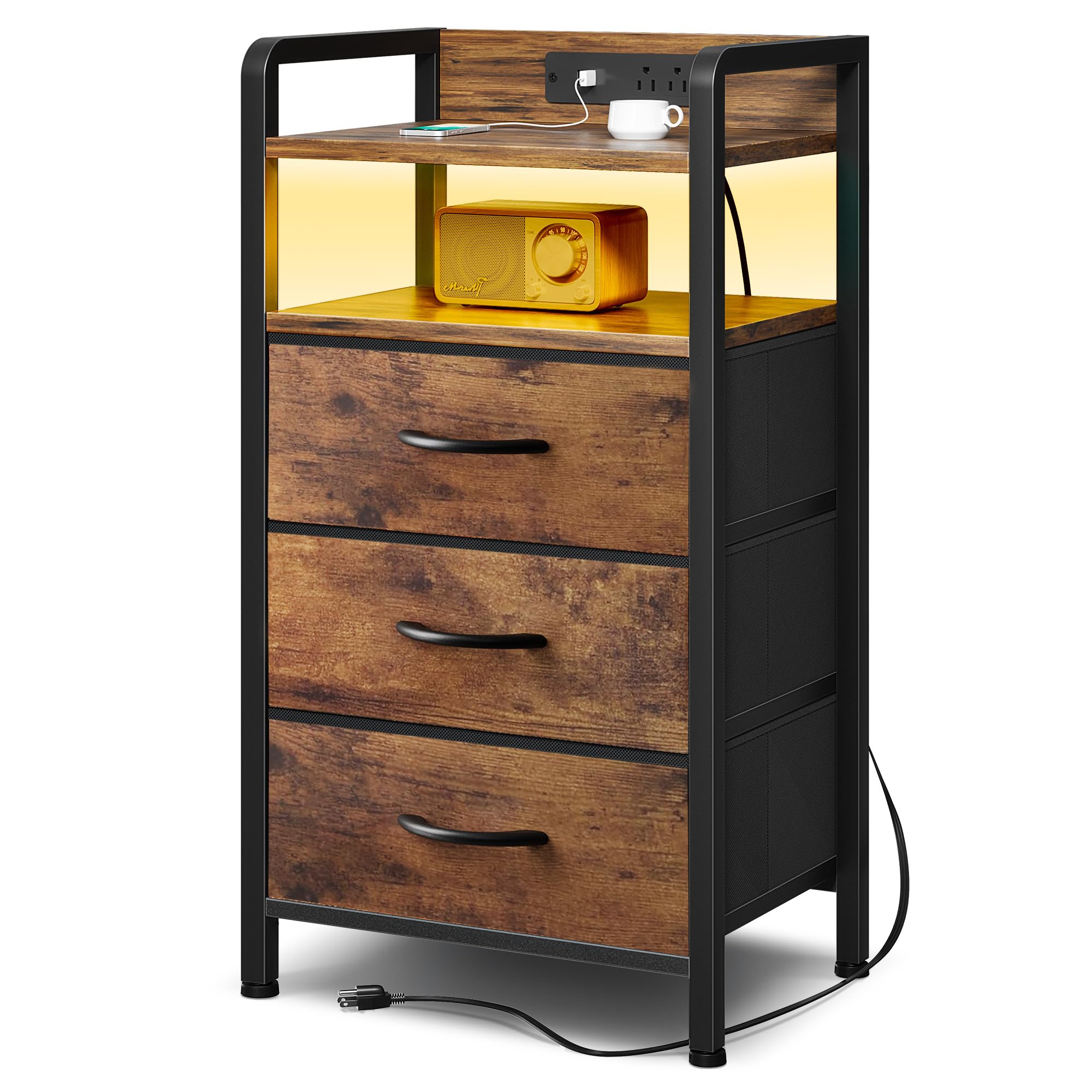 Photo 1 of Lazzanto Night Stand Bedside Table Bedroom - Nightstand with Charging Station & LED Light Strip, Bed Side End Table with Storage Shelf & 3 Fabric Drawers, U-S-B Ports & AC Outlets, Rustic Brown