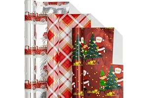 LeZakaa Christmas Wrapping Paper Roll - Min Roll - Gnome and Santa Claus/Red Truck/Plaid for Gift Wrap, DIY Craft - 17 x 120 inches - 3 Rolls (42.5 sq.ft.ttl.)