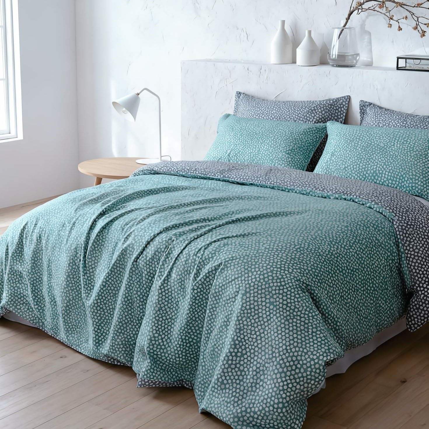 LERUUM Blue Grey Duvet Cover Set Single Spotty Polka Dot Reversible Premium 200TC Cotton Percale Bedding Hotel Quality Turquoise White Dot Pattern OEKO TEX