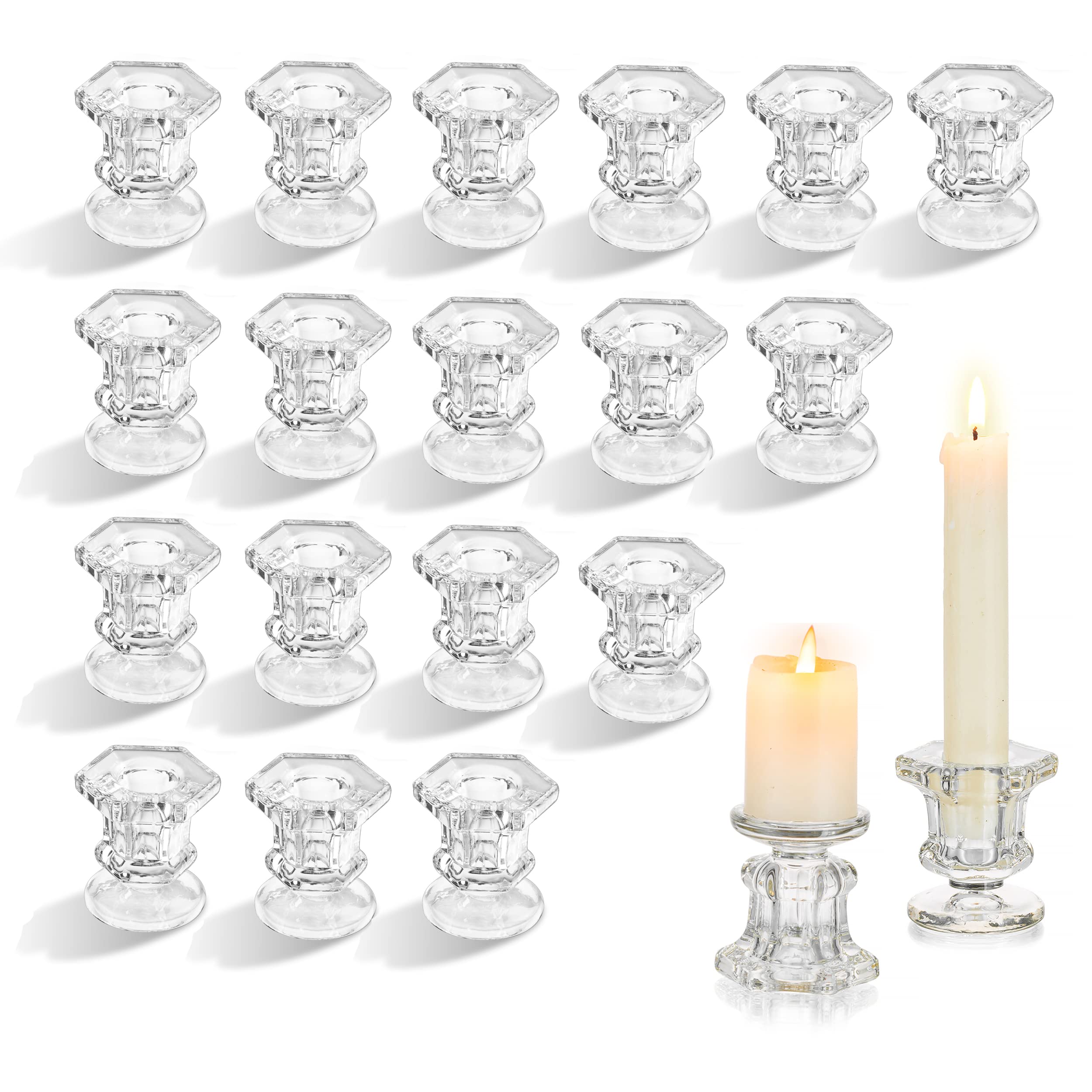 Candlestick Holders Glass Candle Holder, Glasseam Clear Candle Stick Stands 20 Pcs Candlesticks Taper Candle Sticks Holder Christmas Candle Holders for Living Room Dining Table Wedding Decoration