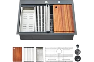 EcoChannels 25 Kitchen Sink Drop-In Workstation, 25 x 22 Inch Gunmetal Black Stainless Steel Workstation Sink Topmount Single Bowl with Cutting Board,for Kitchen, Laundry, Utility Room