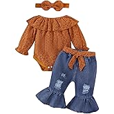 FOCUTEBB Baby Girl Clothes Lace Off Shoulder Romper Flare Jeans Pants Headband and Belt 4pcs Outfit 3-24 Months