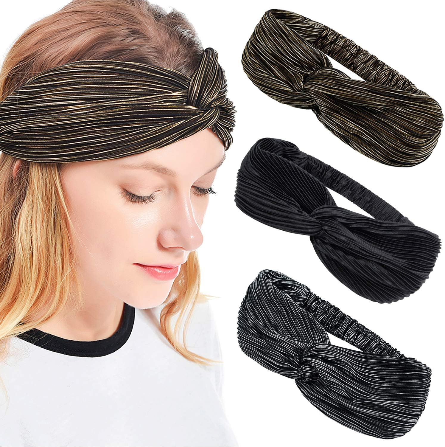 iloovee 3pcs Gold Wire Headbands for Women Stretch Vintage Cross Stripes Hair Band Hair Accessory for Women Wide Headbands for Women Girls Yoga Hiking Dance