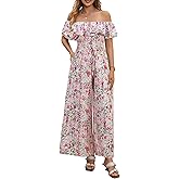 BeryLove Women Floral Casual Jumpsuit Summer Off The Shoulder Wide Leg Vacation Beach Jumpsuits with Pockets