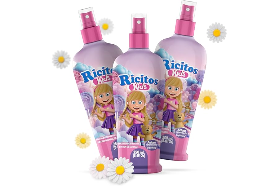 Ricitos Kids Chamomile Hair Lotion Leave-In Detangler, Natural Lightening Spray for Girls, Gentle Paraben-Free Formula for Easy Brushing, Knot-Free Hair, Soft Texture and Shine, 8.4 Fl Oz, Pack of 3