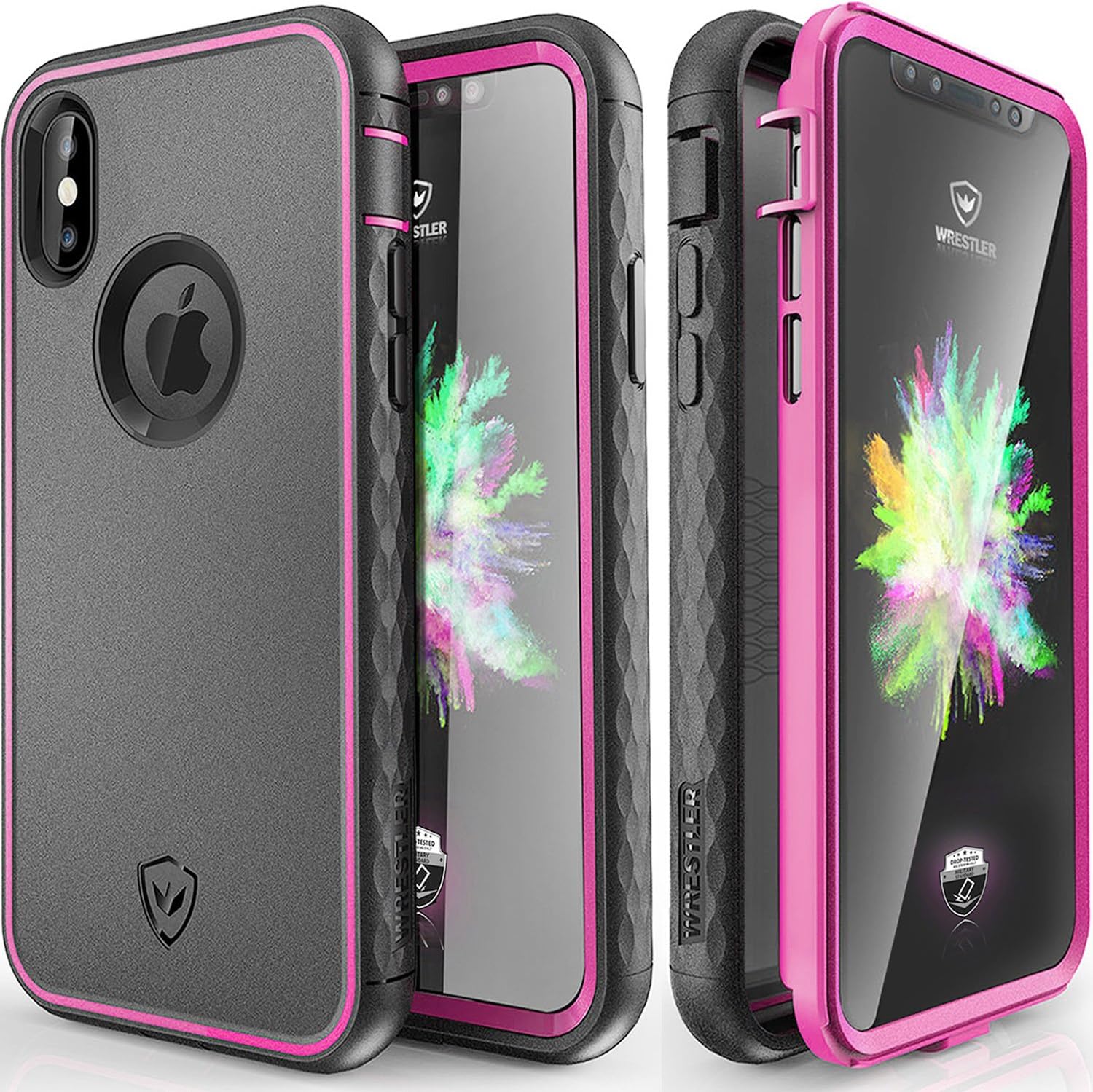 Protective iPhone X Case, Wrestler Kylin Series 360 Degree Full Body (Built-in Screen Protector) Shockproof iPhone 10 Case, Military 10-Feet Drop Tested Heavy Duty Cases for iPhone X (Rose Pink/Black)