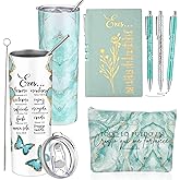 Funnymoom 6 Pcs Spanish Christian Gift 20 oz Christian Tumbler Makeup Bag A6 Leather Journal Ballpoint Pens Inspirational Religious Church Gift for Women Students Teacher(Green)