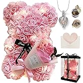 MS.ROXYQUE Romantic Valentines Day Gift for Her, Artificial Flowers Bouquet Necklace Rose Teddy Bear with Real Pearl Blind Box Birthday Gift, Valentiness Day Gift for Monther Wife Girl (Pink)
