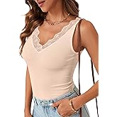 LYANER Women's Lace V Neck Camisole Ribbed Knit Cami Sleeveless Undershirt Top