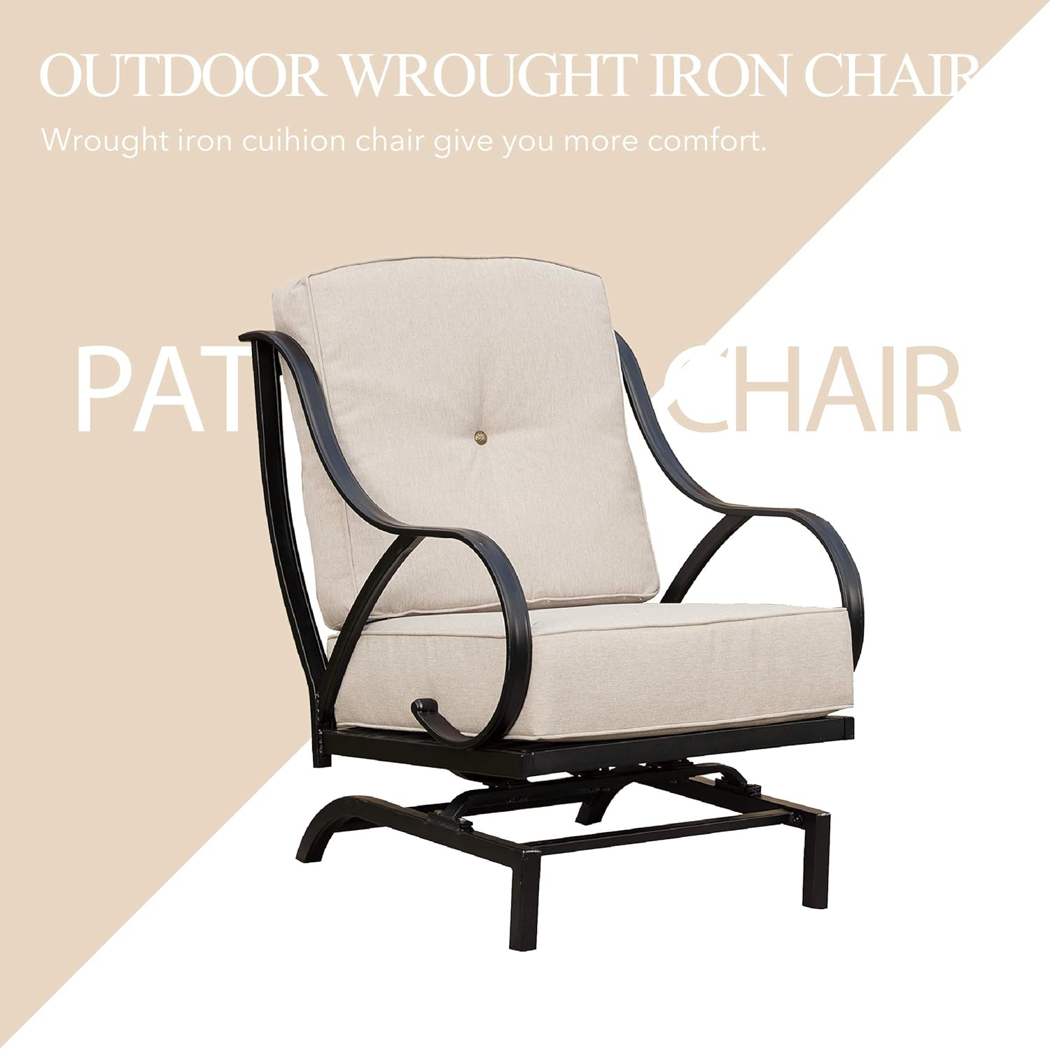LOKATSE HOME Outdoor Bistro Wrought Iron Furniture Patio Metal Conversation Seating Chair with Thick & Soft Cushions Curved Armrest, Armchair, Beige : Garden & Outdoor