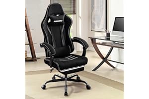 FURNISTYLE Fabric Gaming Chair, Reclining Video Game Chair for Teens with Lumbar Support, Linkage Armrests & Footrest, Velvet Soft Cushioned Ergonomic Computer Chair for Office, Black