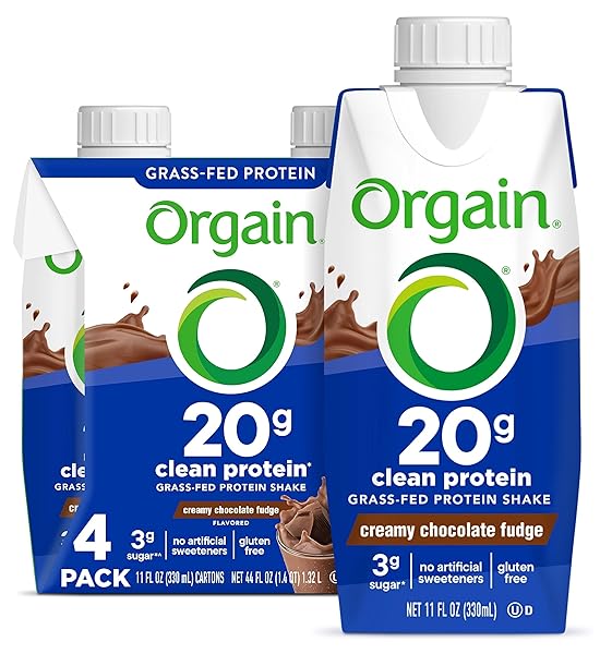 ORGAIN CLEAN PROTEIN SHAKE, GRASS FED DAIRY, CREAMY CHOCOLATE FUDGE – 20G WHEY HIGH PROTEIN, KOSHER, READY TO DRINK, LOW NET CARBS, GLUTEN FREE, NO SOY INGREDIENTS, 11 FL OZ (PACK OF 4)