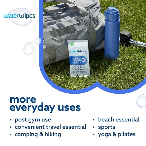 WATERWIPES HYDROCOOL COOLING WIPES, XL BODY CLEANING WIPE, STAY FRESH & COOL ON-THE-GO INSTANT SKIN COOLING, ODOR & SWEAT REMOVAL, IDEAL FOR GYM, TRAVEL & OUTDOOR USE, 108 COUNT (6 PACK)
