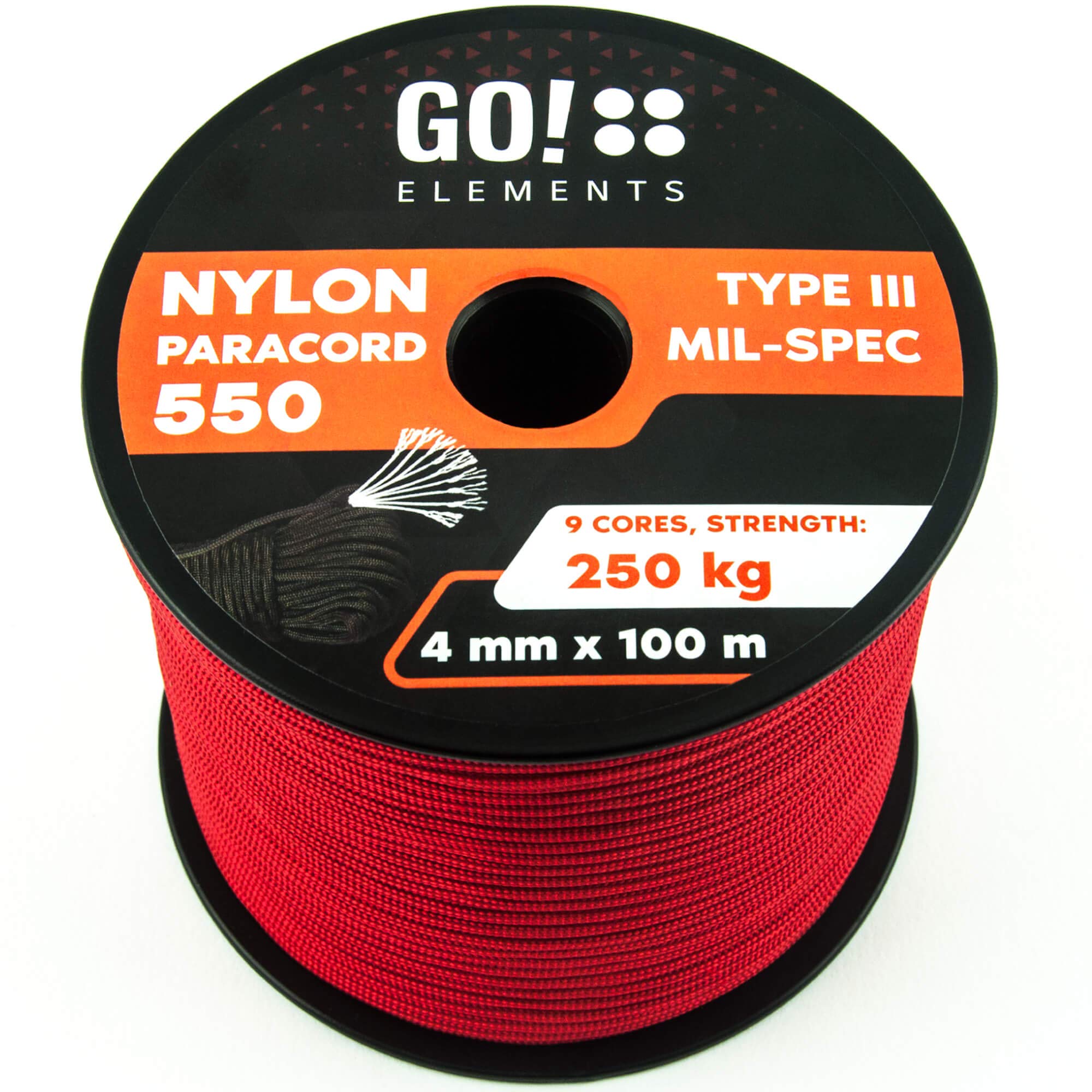 GO!elements 100m Paracord made of Nylon Rope - 4mm Paracord 550 Type III - suitable as Drawstring Cord, Washing Line Rope, etc. | Max. 250kg, Color:Red