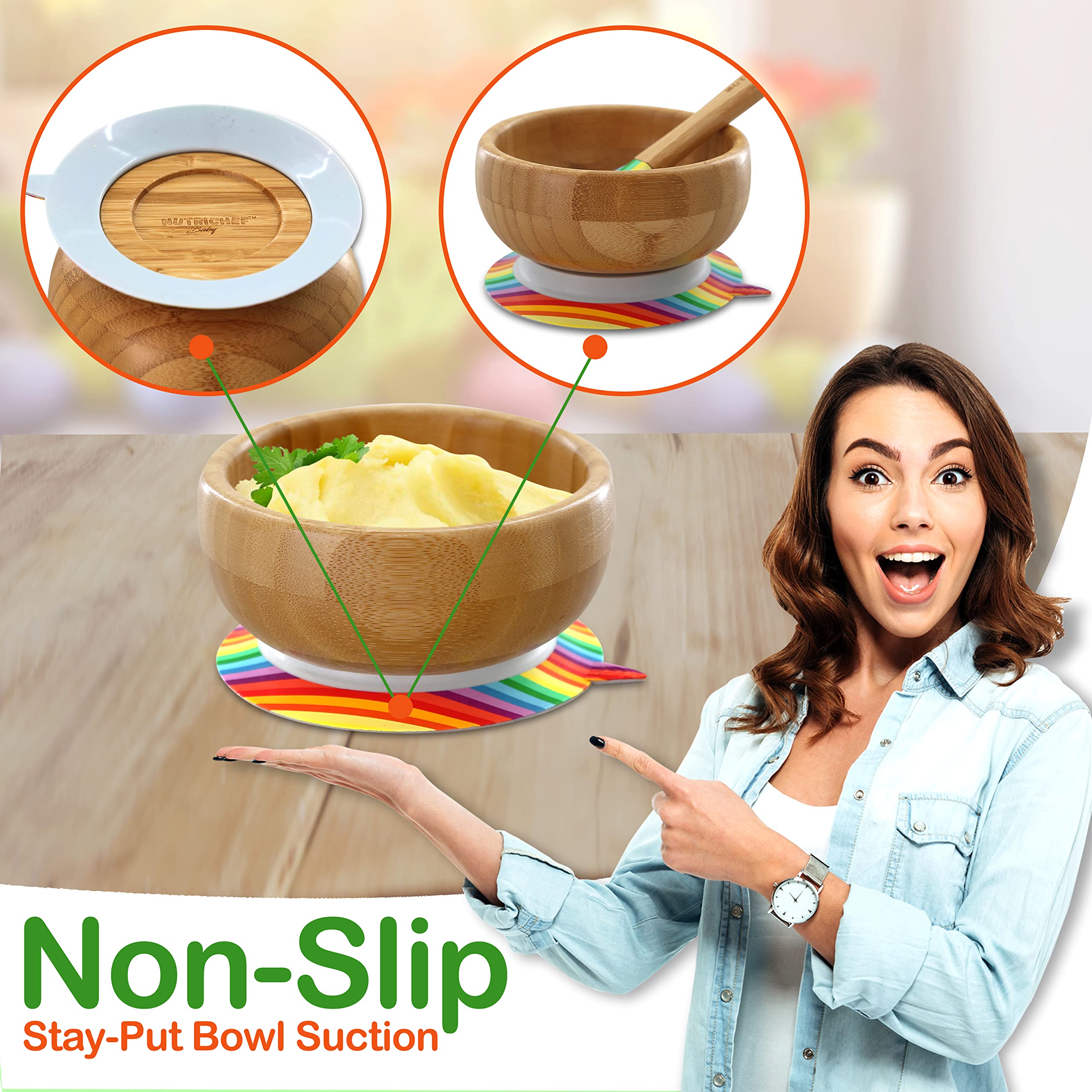 NutriChef Bamboo Baby Feeding Bowl - Wooden Infant Toddler Dish and Spoon Set w/Silicone Suction Base for Stay Put Eating, For Children Aged 4-72 Months (Stripe Bowl)