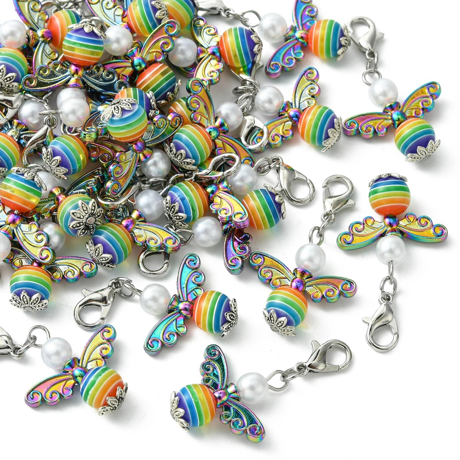 Stiesy 30Pcs Angel Wings Tibetan Charms Rainbow Acrylic Beads Angel Charm with Clasps Angel Locking Stitch Markers for Jewellry Making Keychain Sewing Knitting