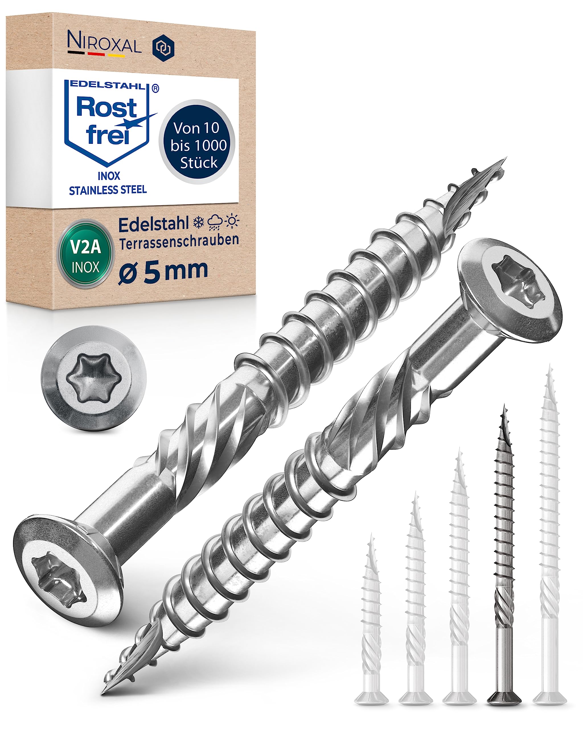 NietFullThings Decking Screws Stainless Steel A2 (304) Torx Wood Screws 5x70 mm Deck Screws for Wood Outdoor Pack of 25