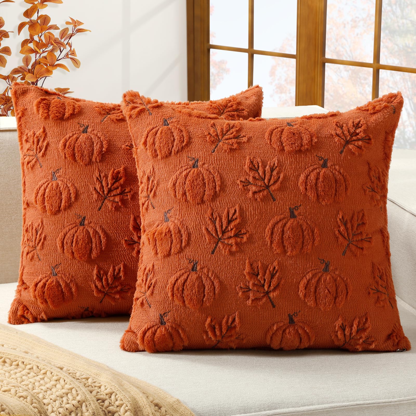 Photo 1 of Softalker Fall Decorative Throw Pillow Covers 18 x 18 Inch Set of 2, Thanksgiving Autumn Harvest Faux Fur Cushion Covers,3D Embroidered Pillow Cases for Couch Bedroom Living Room Decor,Rust