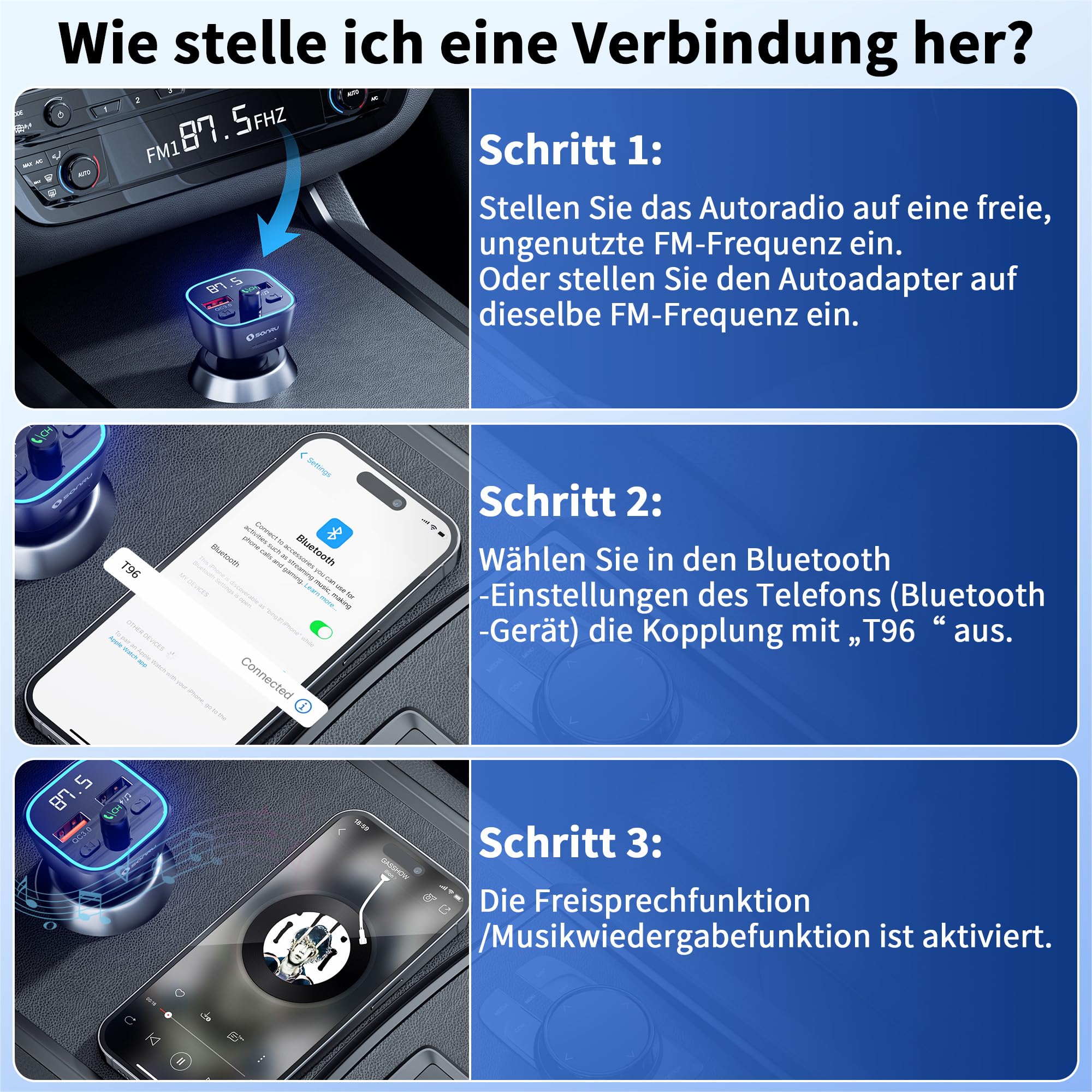 SONRU FM Transmitter Auto Bluetooth 5.3,Musik Adapter für Auto Radio,Car Radio Zigarettenanzünder, Freisprecheinrichtung und Ladegerät mit 2 USB-Anschlüssen, HiFi-Höhen- und Basswiedergabe 7