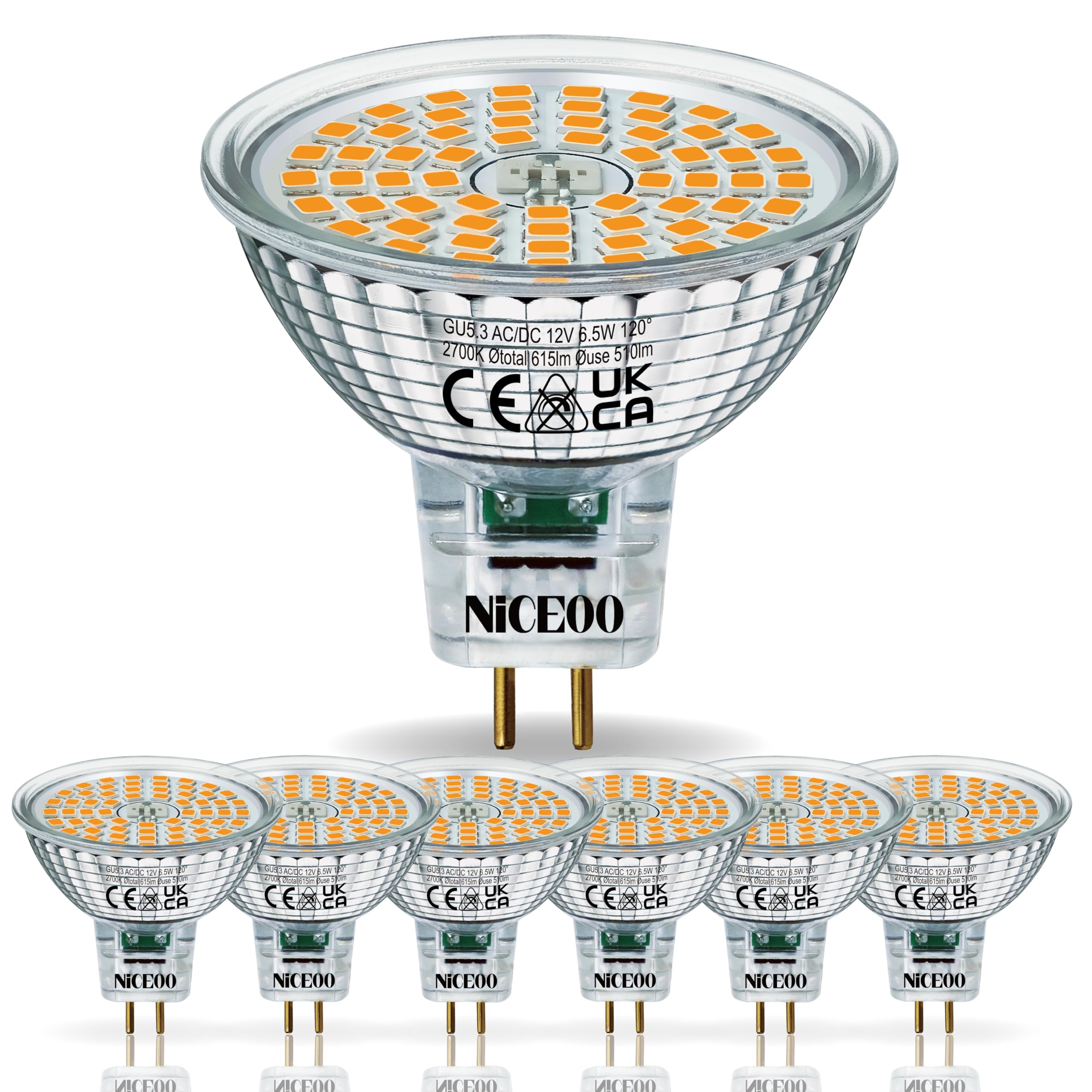 NICEOO GU5.3 MR16 LED Bulbs 6.5W, Warm White 2700K, 50W Halogen Spotlight Bulb Equivalent, 12V 615LM, Bi Pin Base Spotlight, 120° Beam Angle, Non Dimmable, Pack of 6