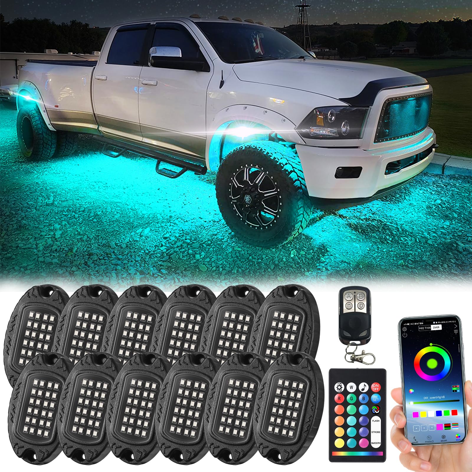 12 RGB LED Rock Lights – Wireless Bluetooth App Control – Underbody Kit, 12V