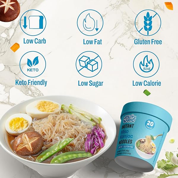 VOLO VERO KONJAC NOODLE INSTANT SOUP CUP MISO FLAVOR, 6 PACKS, GLUTEN FREE, LOW CARB, LOW CALORIE, LOW SUGAR, LOW GI, KETO SHIRATAKI NOODLES PASTA ANGEL HAIR, READY TO EAT, HEALTHY DIET FOOD, HOLIDAY GIFTS