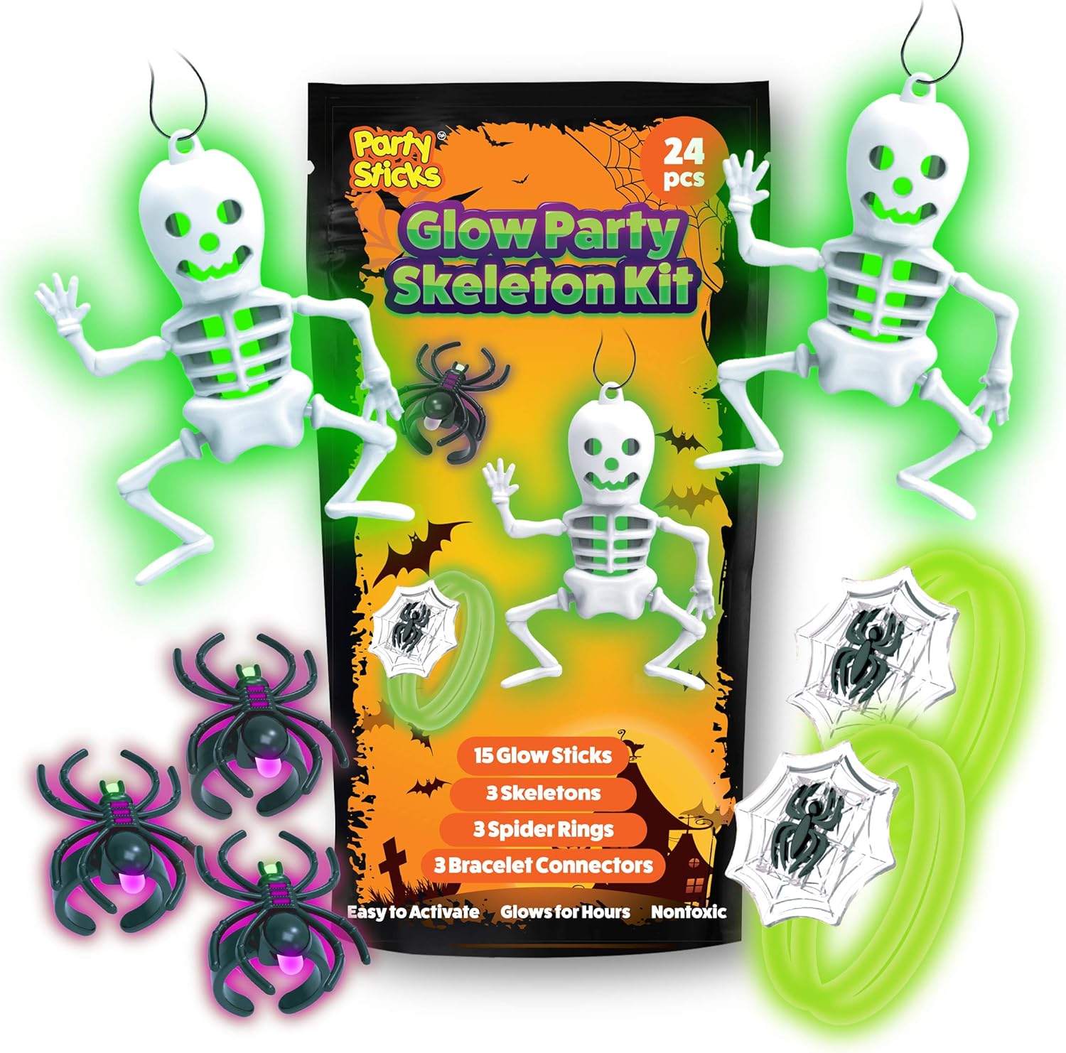 PartySticks Glow Party Skeleton Kit Party Favors for Kids - 24pk Glow in The Dark Party Decorations with 15 Glow Sticks, 3 Skeletons, 3 Spider Rings, and 3 Glow Bracelet Connectors: Toys & Games