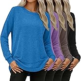 Oakgarden 4 Pack Women's Long Sleeve Sweatshirts, Crew Neck Cotton Tees Curved Hem Tunic Pullover Shirts Knit Loose Tops