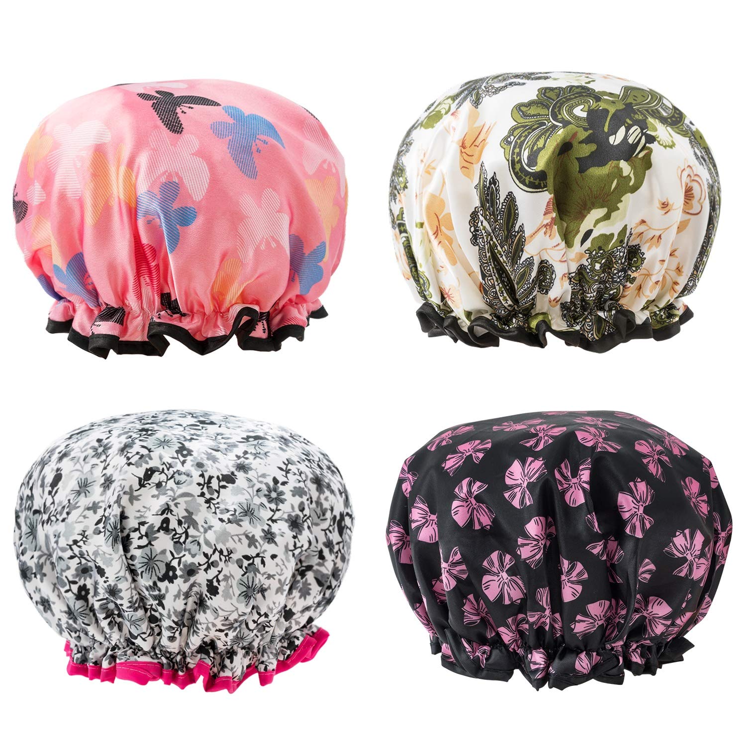 Shower Caps 4 Pack Bath Caps Perfect for Women most Hair Lengths and Thicknesses - Waterproof - Double Layer, Upgraded Version (Style 1) : Beauty