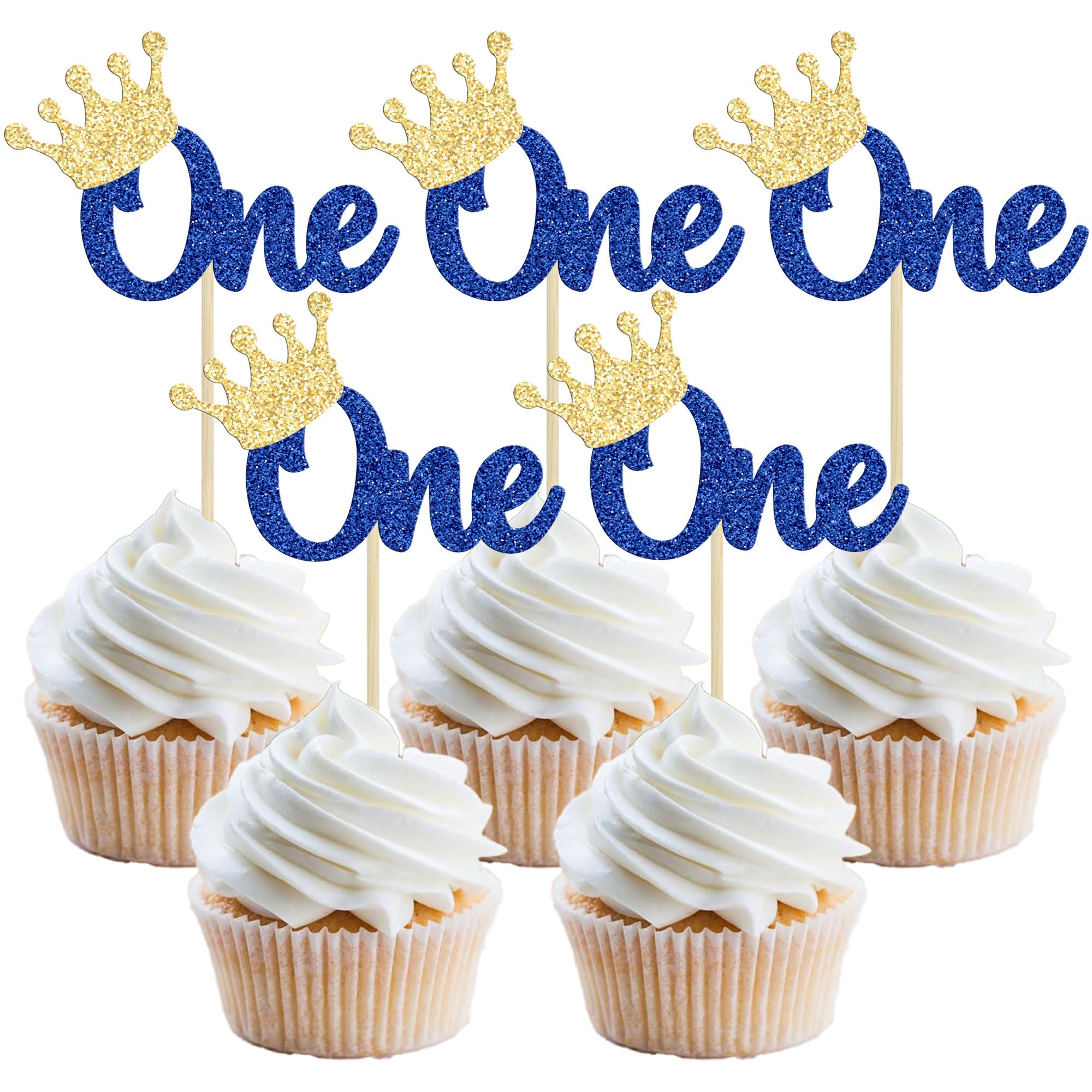Gyufise 24Pcs First Birthday Cupcake Toppers Glitter Crown One Cupcake Picks Baby Shower 1st Birthday Cake Decorations Party Supplies Blue