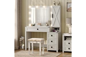 Furniouse Farmhouse Makeup Vanity Desk with Charging Station & 4 Drawers, 41.7'' White Vanity with Mirror and Lights, Modern Vanity Set with Stool for Bedroom, Off White