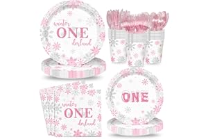 XIENBLOC 168pcs Winter Onederland Party Supplies Pink and Silver Snowflake Plates Napkins Disposable Tableware Set Paper Cups Winter Onederland 1st Birthday Party Supplies for Girls Birthday Decor Serves 24