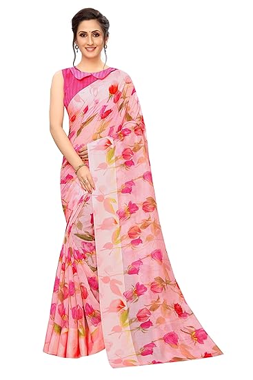 RAJESHWAR FASHION With RF Womens Kota Doria Linen Saree With Blouse Piece (FLORA 01 PINK_Pink)