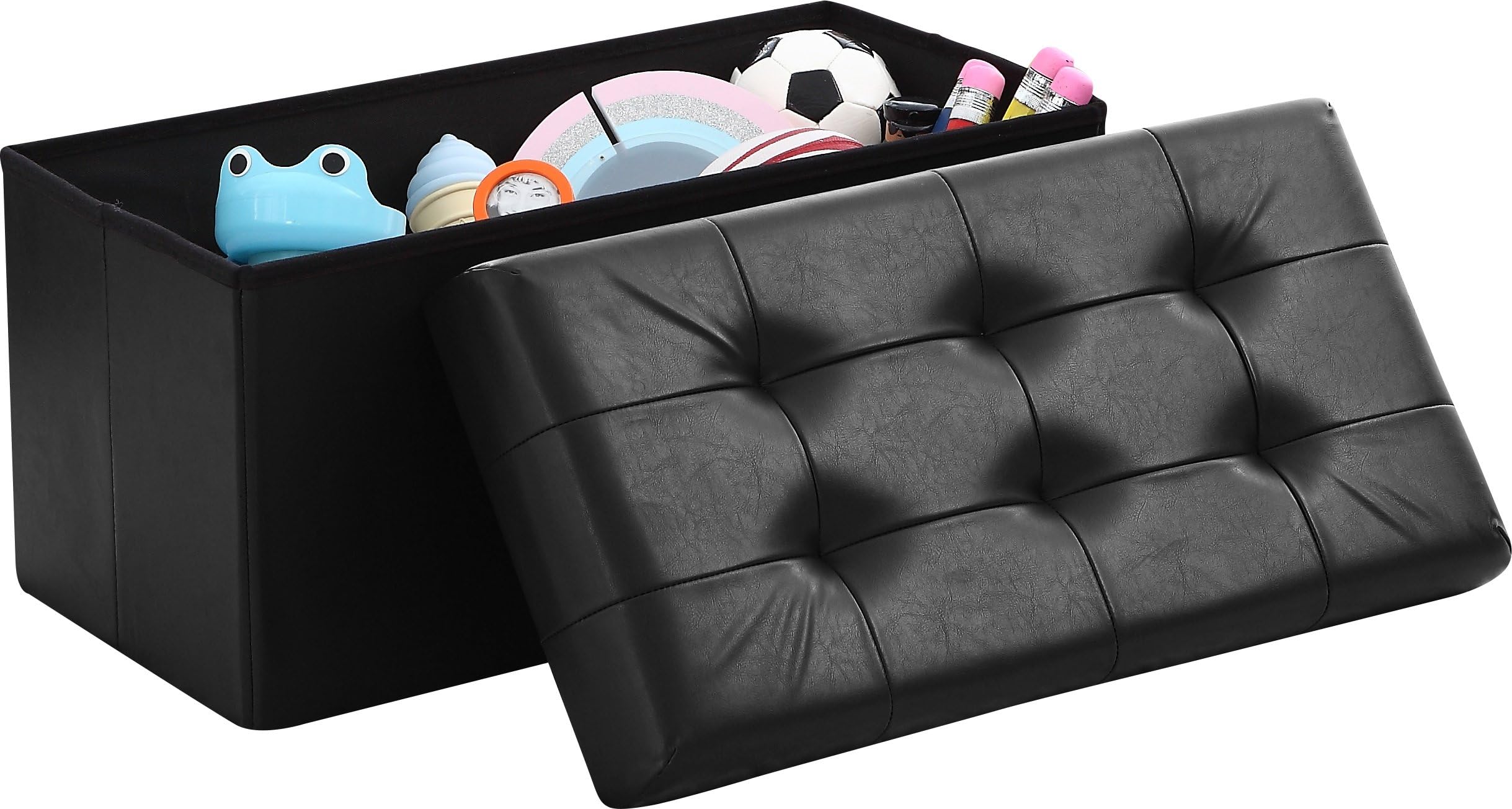 Ornavo Home Foldable Tufted Faux Leather Large Storage Ottoman Bench Foot Rest Stool/Seat - 15" x 30" x 15" (Black)
