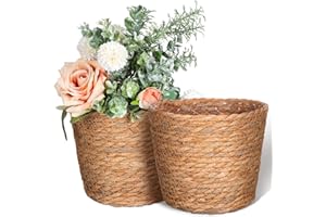 Healifty Round Wicker Planter Baskets: 2pcs Straw Woven Rattan Pot Covers with Plastic Liner for Indoor Outdoor Flower Plants