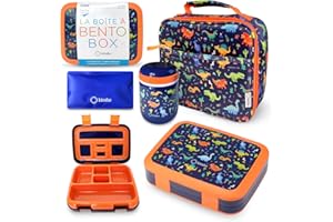 KINSHO Bento Box with Thermal, Stainless Steel Food Jar for Hot-Cold Food or Soup, Insulated Lunch Bag and Ice Pack Set for Kids or Toddlers. Ages 3 to 7, Blue Dinosaur