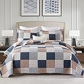 PANGUSHAN 100% Cotton Quilt Set King Size, Patchwork Plaid King Quilt Bedding Set Bedspreads, Farmhouse Lightweight Comforter Reversible Quilt, Navy/Brown/White Bed Spread for King Bed, 3 Pieces