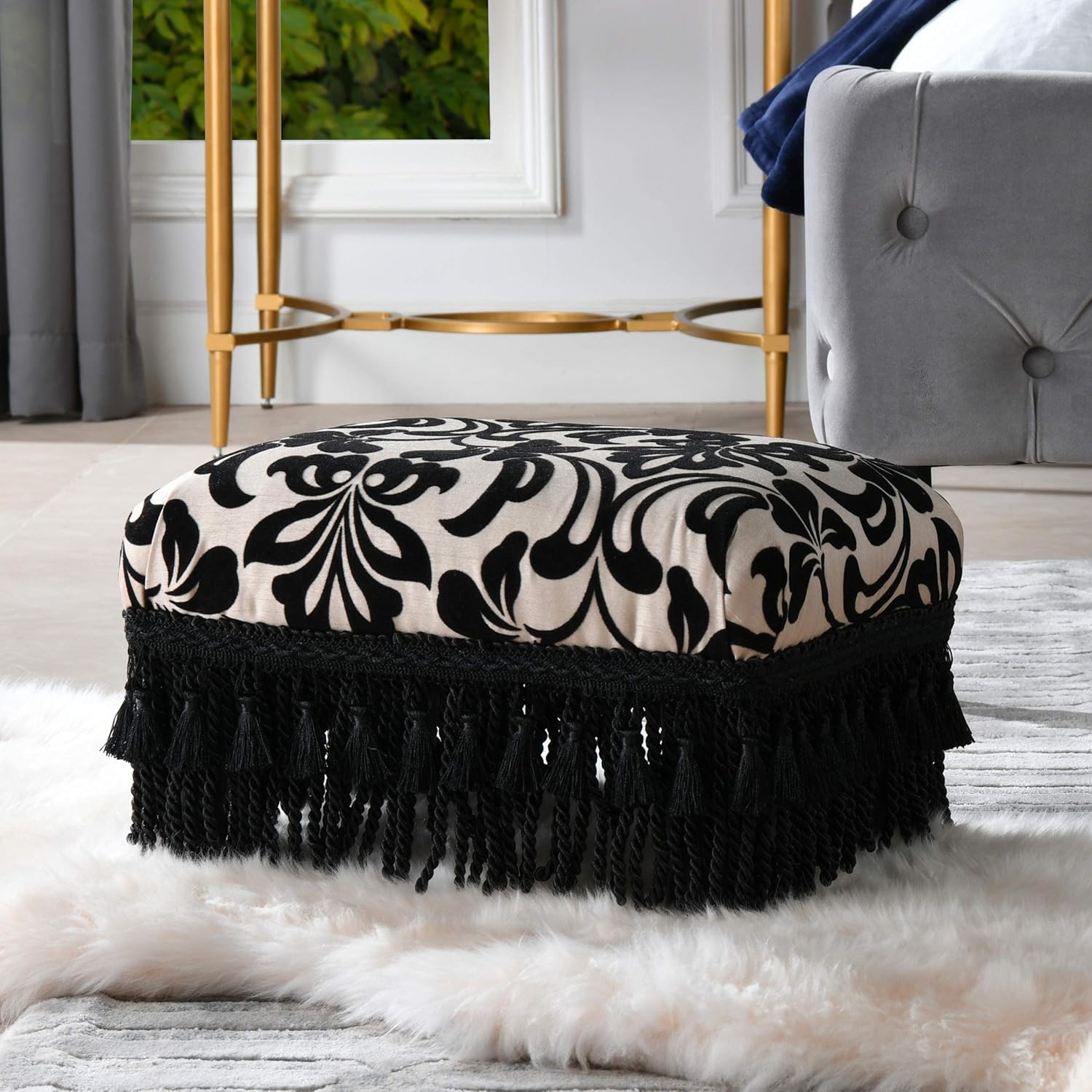 Jennifer Taylor Home Lucie Accent Footstool Ottoman, Black-Ivory Flocked Floral with Black Trim