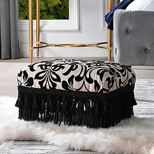 Jennifer Taylor Home Lucie Accent Footstool Ottoman, Black-Ivory Flocked Floral with Black Trim