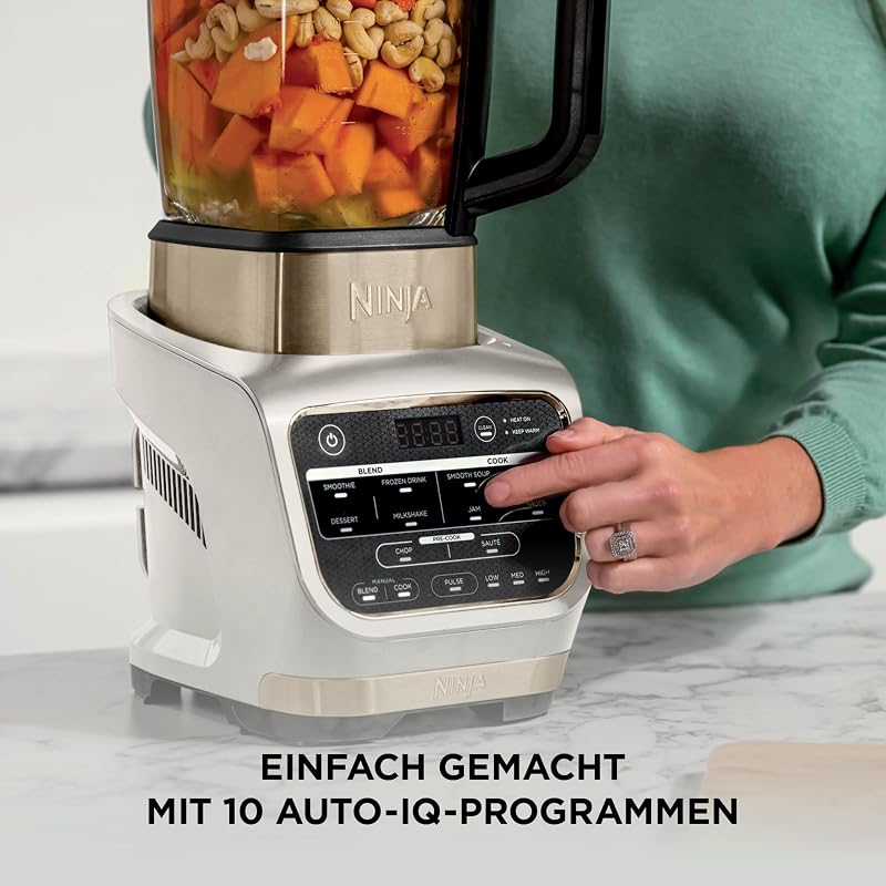 Foodi Mixer & Suppenbereiter, 10 Auto-iQ-Programme, 1,7L Glaskrug, heißer & kalter Mixer, integriertes Heizelement, Stampfer, Reinigungsprogramm & Bürste, 1000W, Stone/Gold HB150EUSTGD